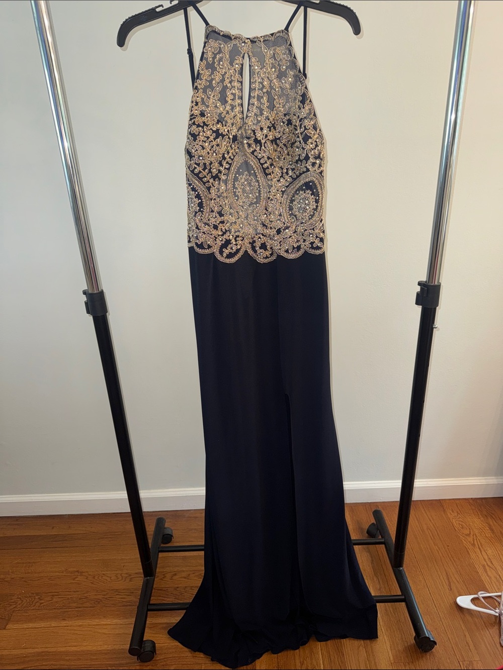 Navy Maxi Dress with Gold Embellished Halter Bodice